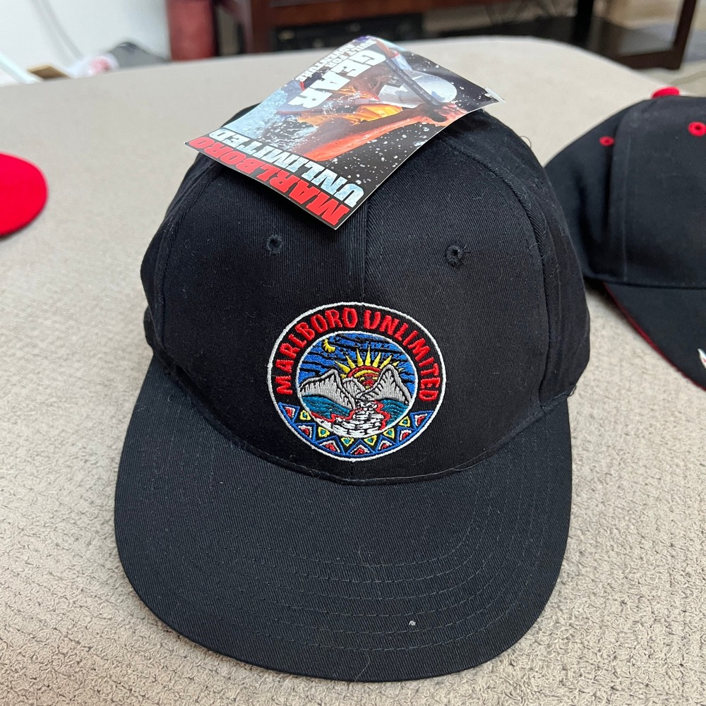 Vintage 1990s Marlboro Unlimited Gear Adventure Black Strapback Hat 1996‎ NWT